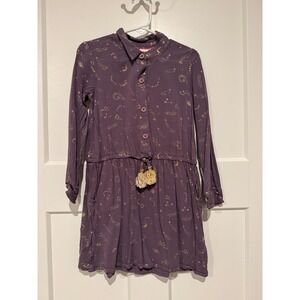 Boden Girls Purple Constellation Print Button Front Dress with Tie Size 6-7